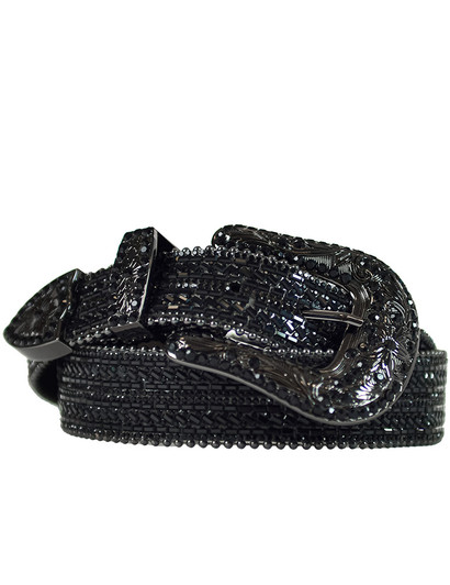 Black Leather Belt with Silver Rhinestones