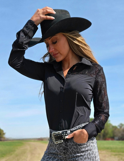 Black Breathe with black lace pullover button up Lightweight Medium Stretch