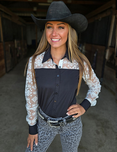 Black Breathe with cream lace pullover button up - Lightweight Medium Stretch