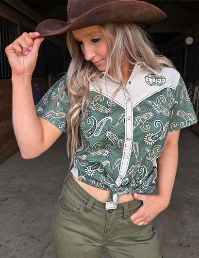 Sage Paisley & Cream Retro Short Sleeve Button Up