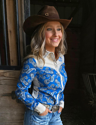 Blue Paisley & Cream Retro Pullover Button Up Lightweight Low Stretch