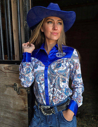 Paisley Jersey with Royal Blue Satin Yoke, Collar, Cuffs & Embroidered Logo Pullover Button Up