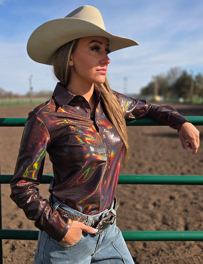 Aztec Brown Holographic Pullover Button Up Midweight & Medium Stretch