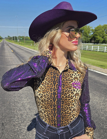 Leopard Jersey with Purple Sequin Sleeves & purple embroidered logo Pullover Button Up
