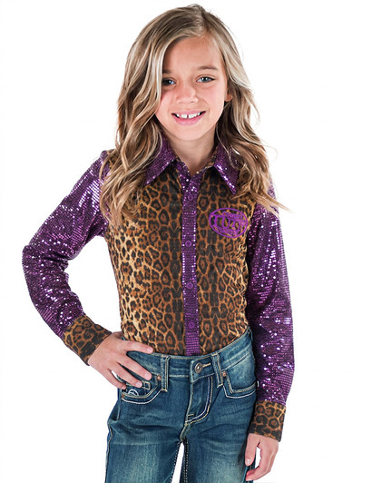 Girls Leopard Jersey with Purple Sequin Sleeves & purple embroidered logo Pullover Button Up