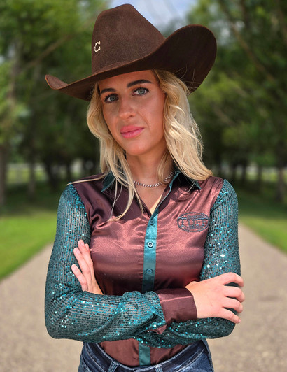 Brown & Emerald Satin with Emerald Sequin Sheer Sleeves Pullover Button Up