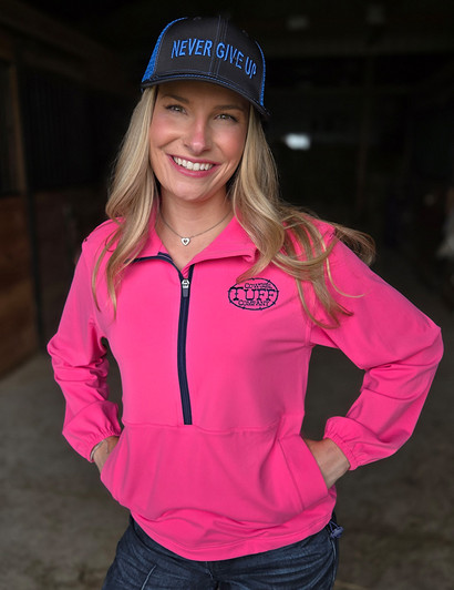 Pink Athletic Stretch 1/2 Zip Cadet with pouch pocket with Navy embroiered logo