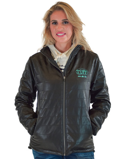 Black Faux Leather Jacket with Turquoise embrodered logos