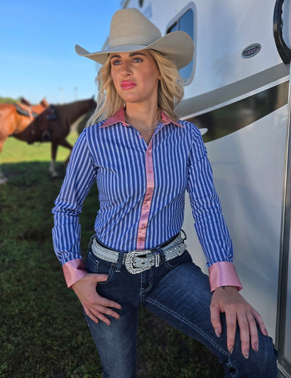 Blue & White Structured Pin Stripes Pullover Button Up