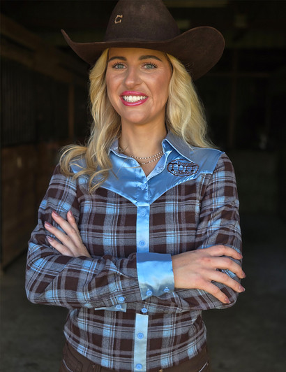 Brown & Blue Plaid with Blue Satin Pullover Button Up with embroidered logo