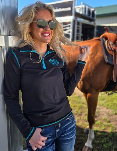 Black Athletic Stretch 1/4 Cadet Zip with Turquoise logo, stitching & zipper