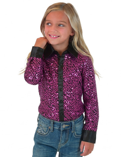GIRLS Pink Sequin Swirls on Black Jersey Pullover Button Up with Black Satin collar