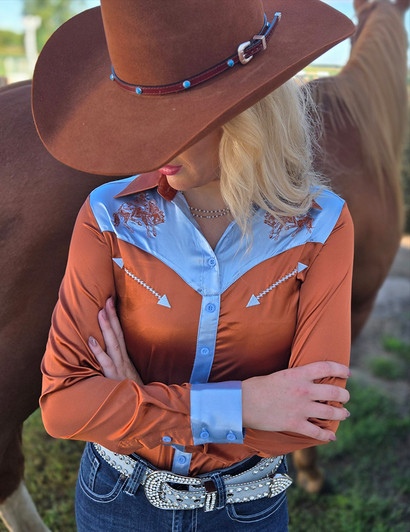 Rust & Blue Satin Retro Buckin Horse Pullover Button Up