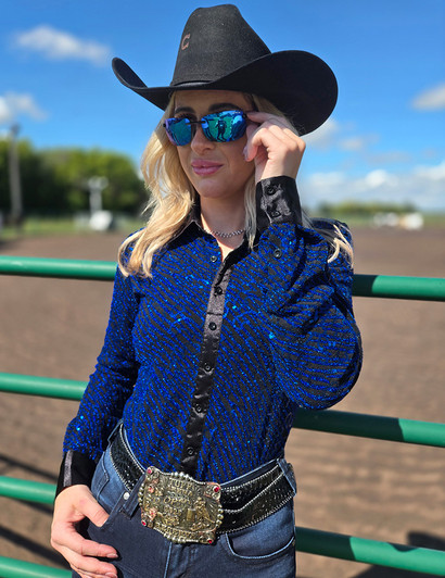 Royal Blue Sequin Swirls on Black Jersey Pullover Button Up  with Black Satin collar