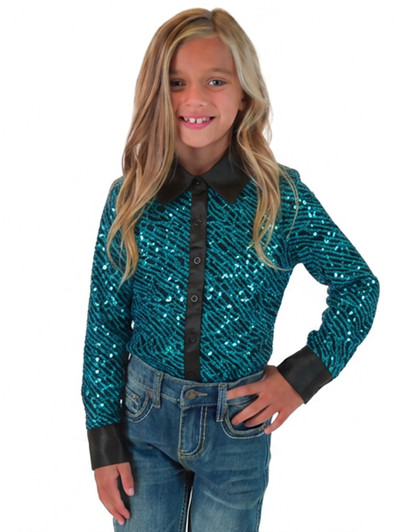 GIRLS Aqua Sequin Swirls on Black Jersey Pullover Button Up  with Black Satin collar