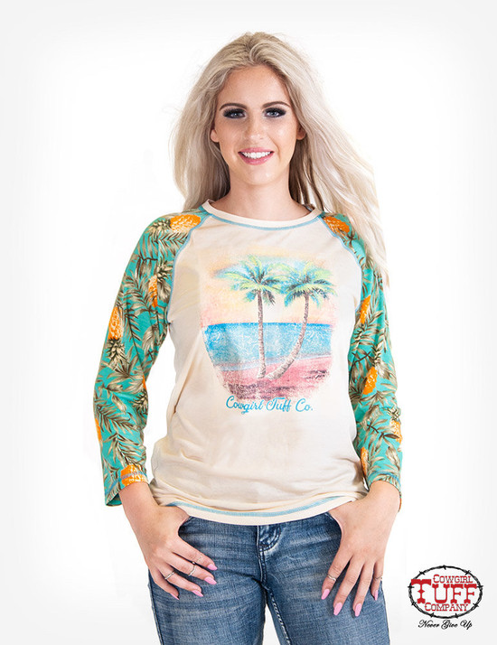 Cream 3/4 sleeve tee with pineapple print sleeves and beach graphic