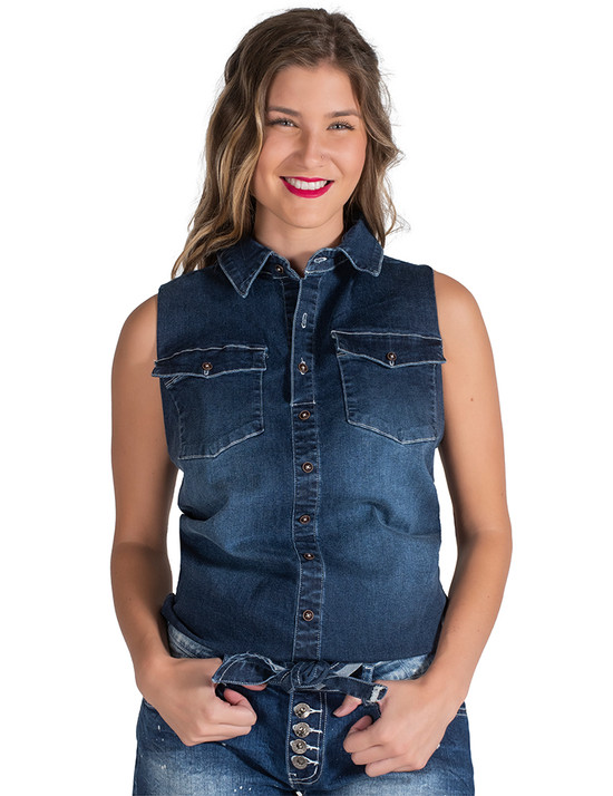 Sleeveless Denim Button-Down (dark wash)