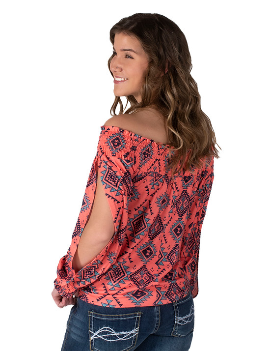 Coral Aztec Print Off Shoulder Long Sleeve Top