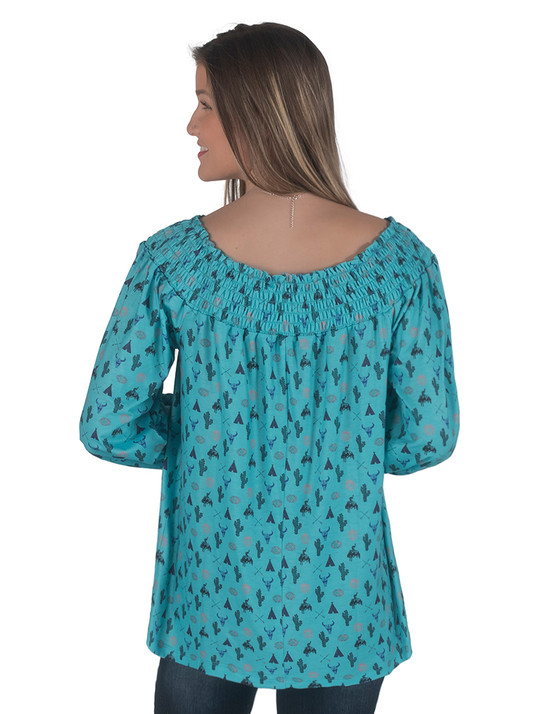 Turquoise Western Print Off-Shoulder Long Sleeve Top