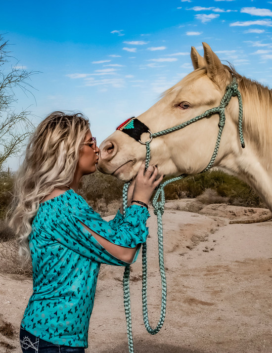 Turquoise Western Print Off-Shoulder Long Sleeve Top