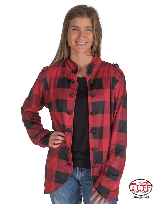 red buffalo plaid military-style jacket with decorative buttons