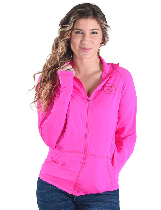 Breathe Instant Cooling UPF full zip cadet long sleeve with front pouch pocket (hot pink)