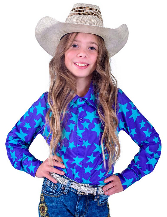 Girls Pullover Button-Up (Purple and Turquoise Stars Mid-weight Stretch Jersey)