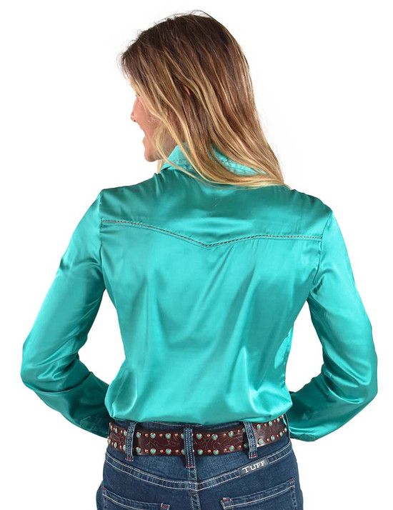 Pullover Button-Up (Turquoise Lightweight Stretch Satin with Copper embroidery accents)