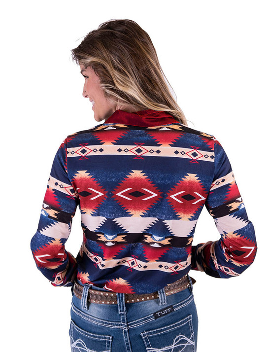 Pullover Button-Up (Red And Blue Western Print Mid-weight Stretch Jersey)
