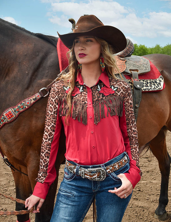 Pullover Button-Up (Red Lightweight Breathe with Sheer Leopard Accents, Rose Patches, and Fringe)