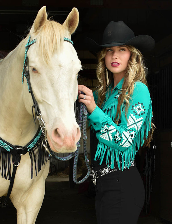 Pullover Button-Up (Black and Turquoise Lightweight Breathe with Print and Fringe)