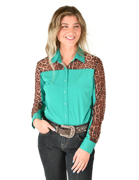 Pullover Button-Up (Turquoise Lightweight Breathe Fabric with Sheer Leopard Accents)