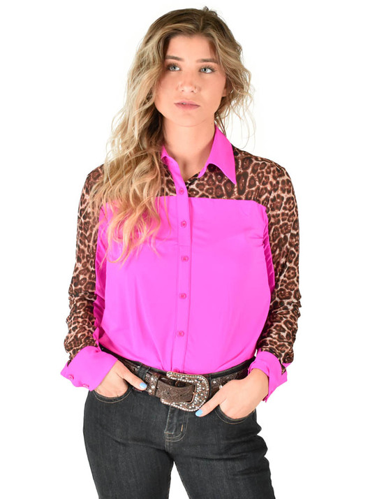 Pullover Button-Up (Hot Pink Lightweight Breathe Fabric with Sheer Leopard Accents)