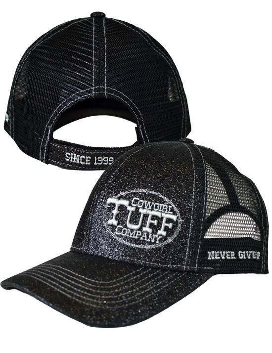 Cowgirl Tuff Trucker Cap. Black Shimmer with Silver Embroidery