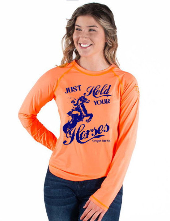 Long Sleeve Breathe Tee - Hold Your Horses (tangerine with indigo print)