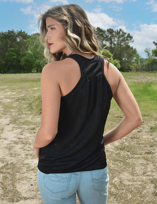 Flowy Gathered Racerback Tank Top (Black Lightweight Shimmer Breathe)