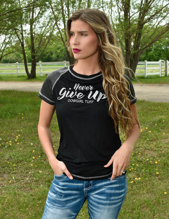 Tee with Never Give Up Embroidery (Black Lightweight Slub with Silver Shimmer Breathe sleeves)