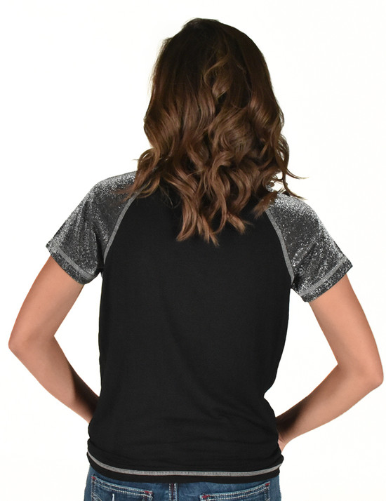 Tee with Never Give Up Embroidery (Black Lightweight Slub with Silver Shimmer Breathe sleeves)