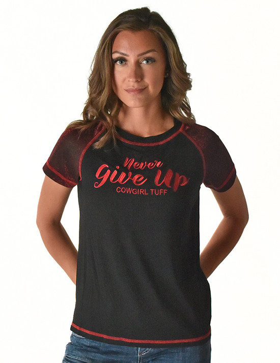 Tee with Never Give Up Embroidery (Black Lightweight Slub with Dark Red Shimmer Breathe Sleeves)