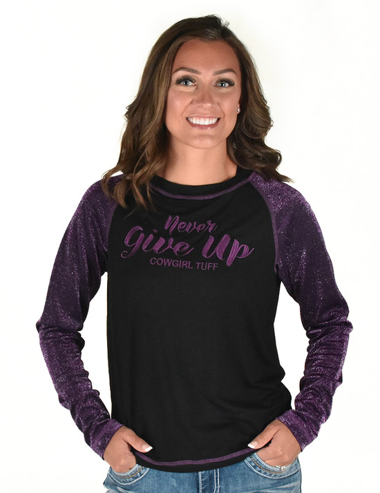 LS Tee with Never Give Up Embroidery (Black Lightweight Slub with Purple Shimmer Breathe Sleeves)