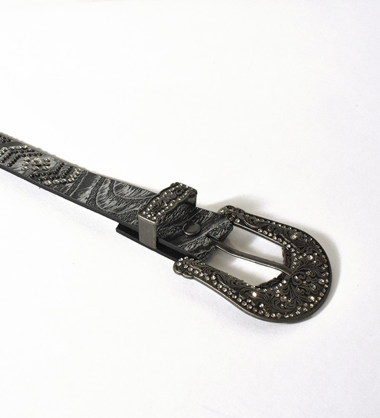 Black Metallic Leather Belt with Rhinestones, Studs, and Antique Sliver Hardware