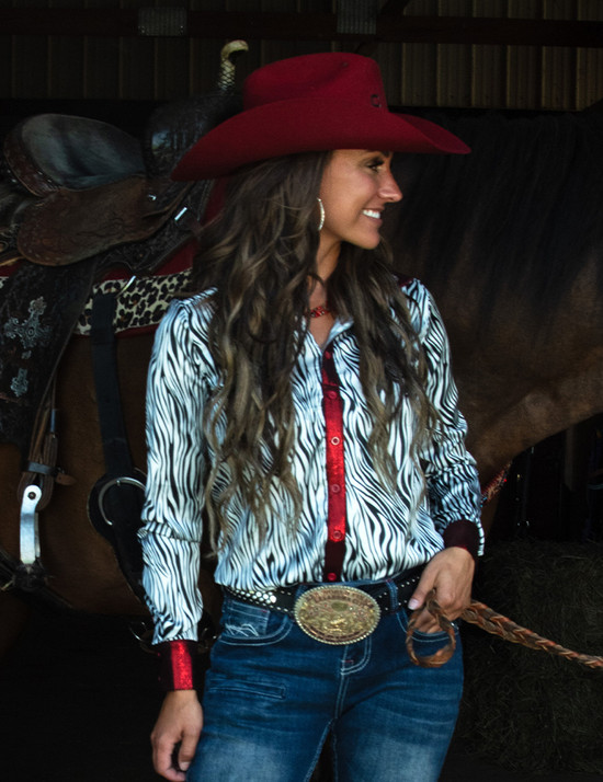 Pullover Button Up (Black And White Zebra Lightweight Satin With Red Metallic Accents)