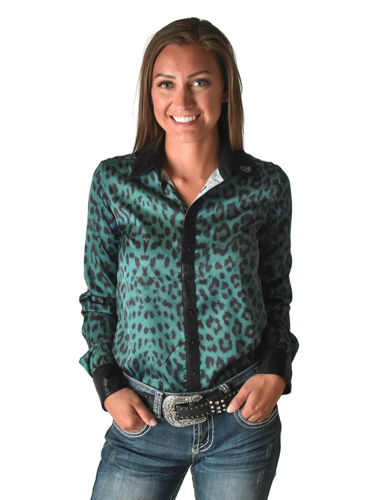 Pullover Button Up (Turquoise Leopard Lightweight Satin With Black Metallic Accents)