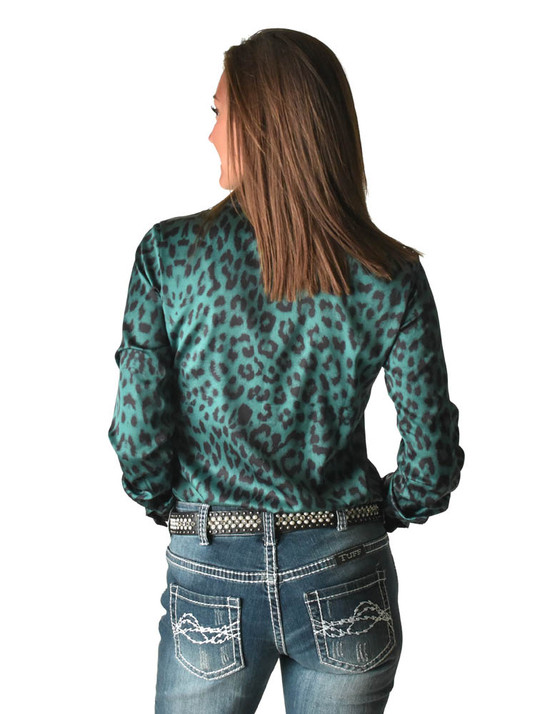 Pullover Button Up (Turquoise Leopard Lightweight Satin With Black Metallic Accents)