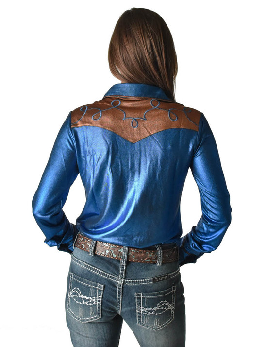 Pullover Button Up (Blue And Copper Lightweight Metallic Jersey With Western Detailing)