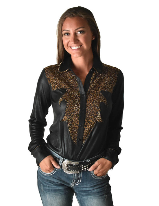 Pullover Button Up (Black And Leopard Lightweight Metallic Jersey With Western Detailing)