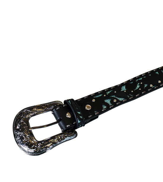 Black Embossed Leather Belt with Glitz, Silver Stitching, Silver Studs and Buckle
