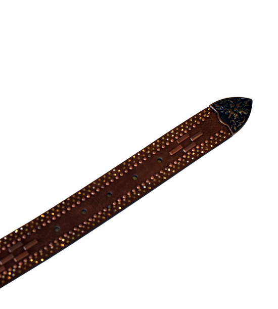 Brown Leather Rhinestone and Metal Studded Belt with Antique Copper Hardware