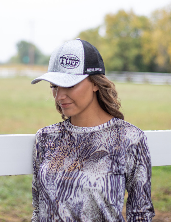 Cowgirl Tuff Trucker Cap. Silver Shimmer with Black Embroidery