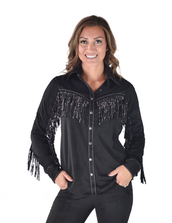 Bling Fringe Pullover Button Up  (Black Mid-weight Faux Leather With Crystal Fringe)